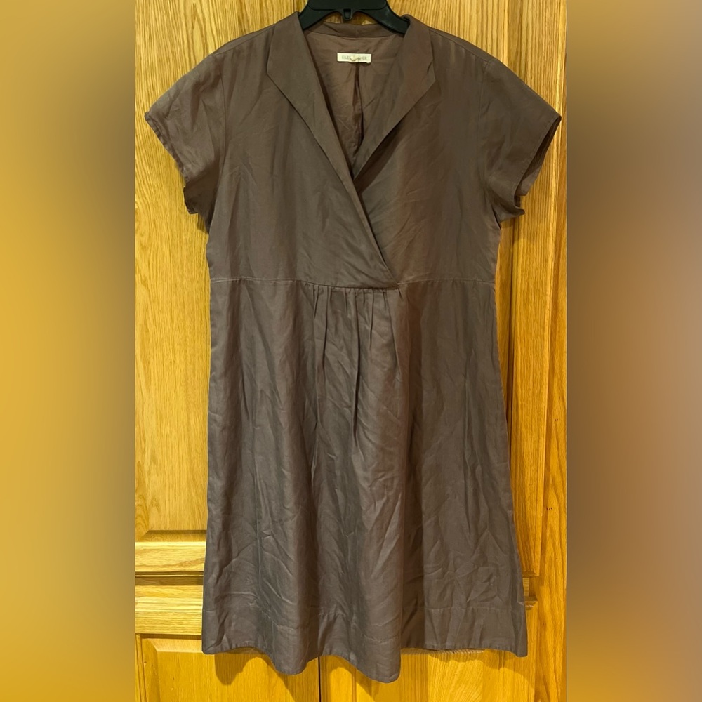 Eileen Fisher Short Sleeve Collared Faux Wrap A-Line Brown Silk Blend Dress Sz M